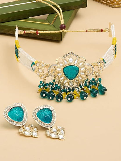 FluteVrinda Green & Yellow Multistrand Beaded Kundan Choker Necklace & Earring Set For Women (24- B0CWNXRX11)