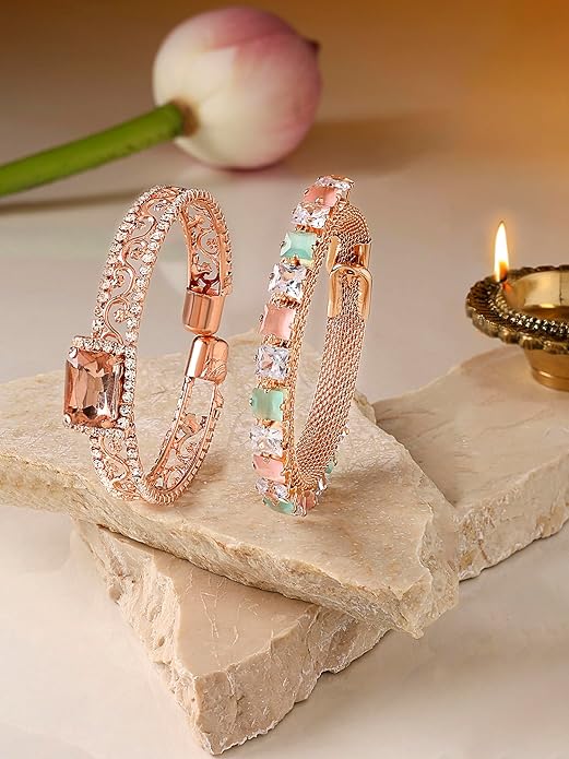 FluteVrinda Set Of 2 Rose Gold Dazzling Austrian Diamonds Bracelet For Women (23- B0CLJL9FCS )