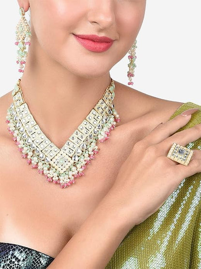 FluteVrinda Green Pink Stones & Cluster Beads Kundan Necklace Earring & Ring Set For Women (19- B0BRNC7WBB)