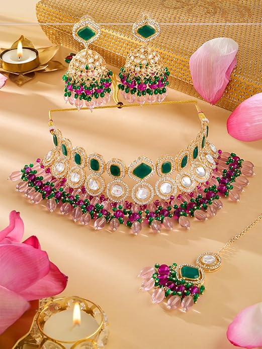 FluteVrinda Pink Green Stones Beads Austrian Diamonds Choker Necklace Earring & Maangtikka Set For Women (29- B0D8T4HT9N)