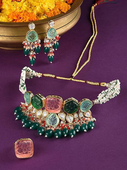 FluteVrinda Multicolor Stones & Beads Multistrand Beaded Kundan Choker Necklace Earring & Ring Set For Women (B0BGSKTQR2)