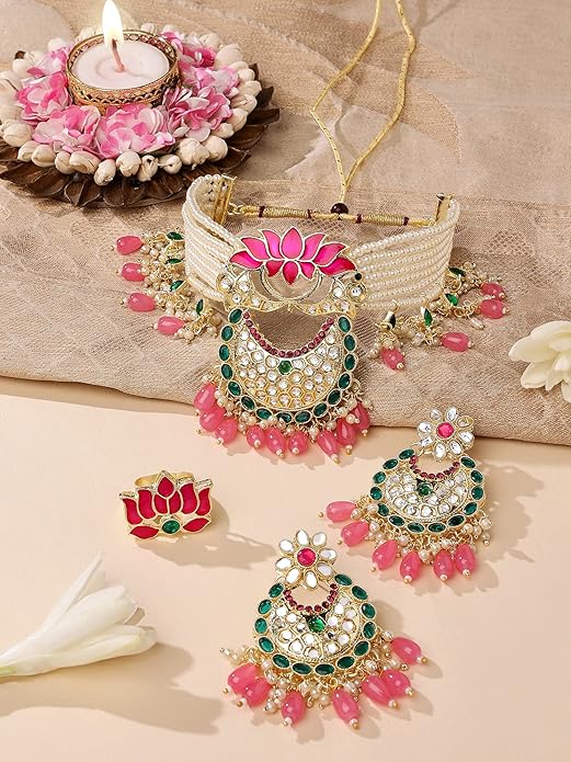 FluteVrinda Green & Pink Meenakari Lotus Multistrand Pearls Choker Necklace Earring & Ring Set For Women (28- B0BFRJRF9V)