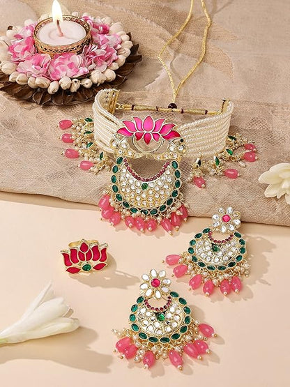 FluteVrinda Green & Pink Meenakari Lotus Multistrand Pearls Choker Necklace Earring & Ring Set For Women (28- B0BFRJRF9V)