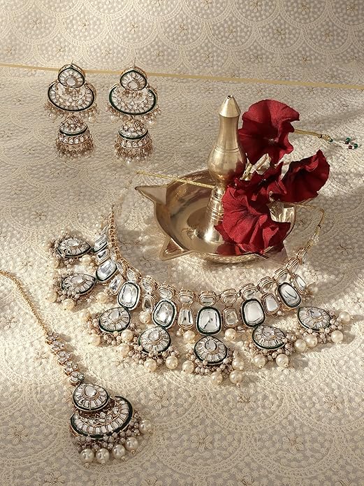 FluteVrinda Gold Tone & Green Enamel Kundan Artificial Stones & Pearls Drop Bridal Necklace Earring & Maangtikka Set For Women (11- B0CN1BW2PY)