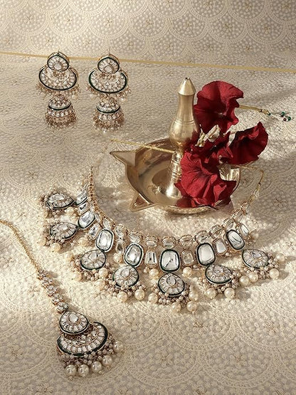 FluteVrinda Gold Tone & Green Enamel Kundan Artificial Stones & Pearls Drop Bridal Necklace Earring & Maangtikka Set For Women (11- B0CN1BW2PY)