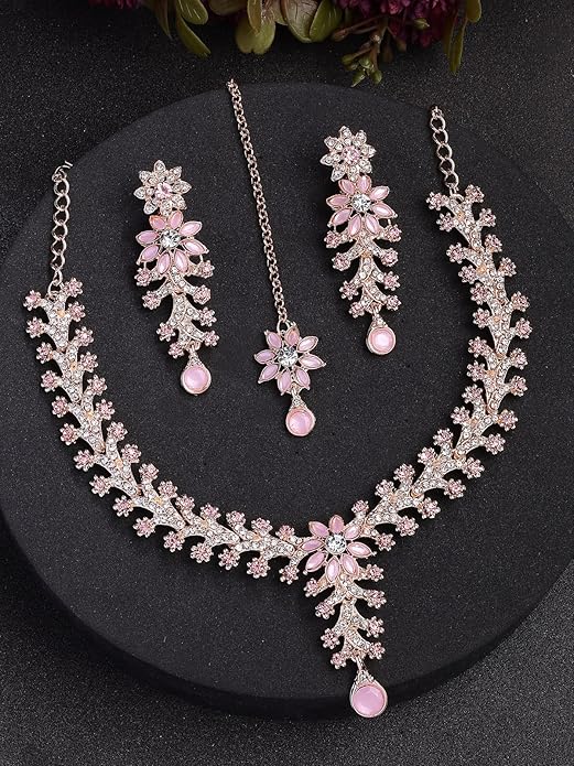 FluteVrinda Charming AD Diamonds Studded Floral Choker Necklace with Danlge Earrings Maangtikka Jewellery Set for Women & Girls (10- B0FB46QM2X)