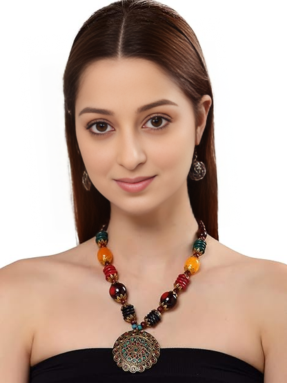 FluteVrinda Fashion Latest Stylish Traditional Tibetan Pendant Necklace Jewellery Set for Women (1- B0B15GYNS4)