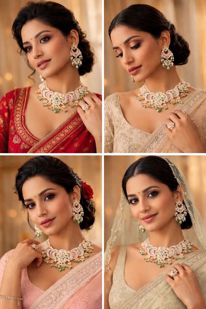 FluteVrinda Pink Green Stones Beads Multistrand Kundan Choker Necklace Earring & Ring Set For Women (B0BVVFH5MJ )