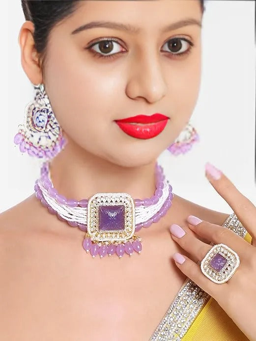 FluteVrinda Purple Multistrand Kundan Stones & Beads Choker Necklace Earring & Ring Set For Women (22- B0CKL9BY8Z)