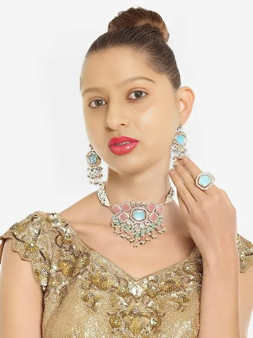 FluteVrinda Turquoise Blue & Pink Kundan Stones & Beads Choker Necklace Earring & Ring Set For Women-B0CKHYSHKV