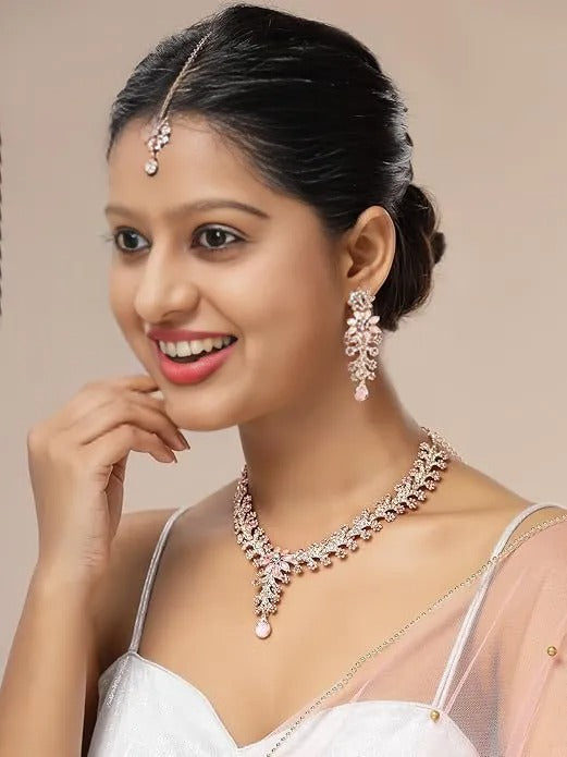 FluteVrinda Charming AD Diamonds Studded Floral Choker Necklace with Danlge Earrings Maangtikka Jewellery Set for Women & Girls (10- B0FB46QM2X)