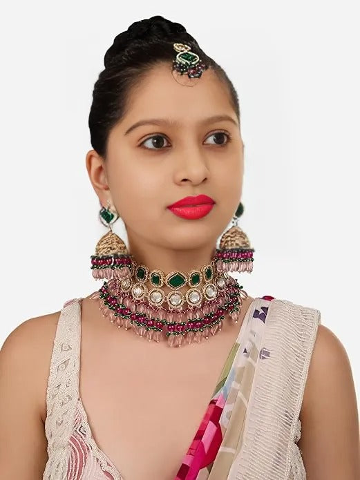 FluteVrinda Pink Green Stones Beads Austrian Diamonds Choker Necklace Earring & Maangtikka Set For Women (29- B0D8T4HT9N)