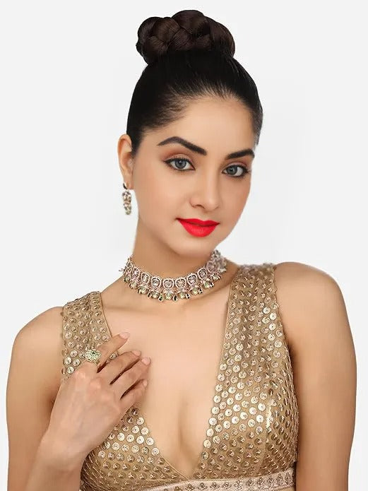 FluteVrinda Green Pink Stones Austrian Diamonds Embellished Choker Necklace Earring & Ring Set For Women (B0CZXTDT1G)