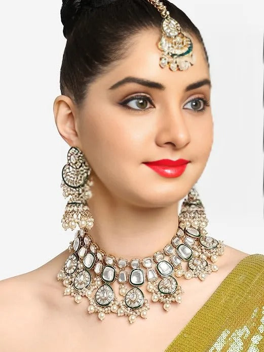 FluteVrinda Gold Tone & Green Enamel Kundan Artificial Stones & Pearls Drop Bridal Necklace Earring & Maangtikka Set For Women (11- B0CN1BW2PY)