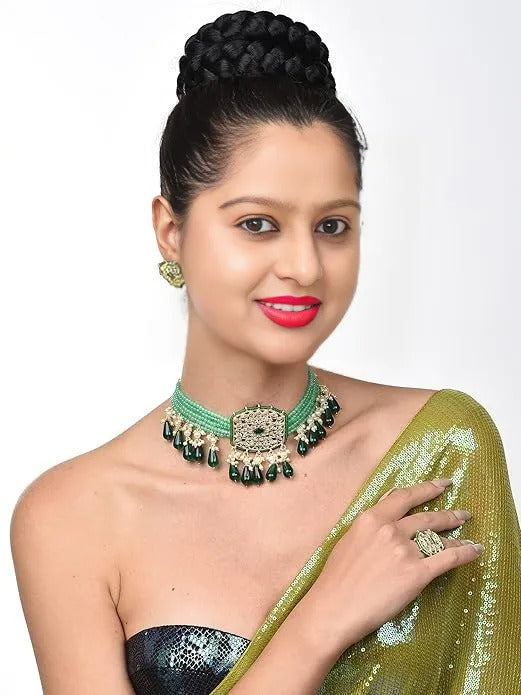 FluteVrinda Green Crystals Beaded Multistrand Kundan Choker Necklace Earring & Ring Set For Women (27- B0B1JGY3K2)
