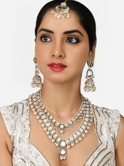 FluteVrinda Green Meenakari Kundan Pearls Layered Bridal Necklace Earring & Maangtikka Set For Women (17- B0CTQVLDPH)