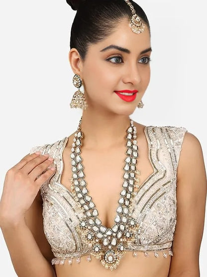 FluteVrinda Green Meenakari Kundan Bridal Long Dazzling Necklace Earring Maangtikka Set For Women(18- B0CZXZG1BW)