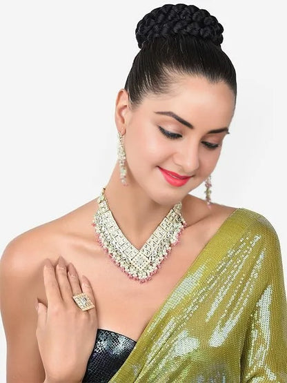 FluteVrinda Green Pink Stones & Cluster Beads Kundan Necklace Earring & Ring Set For Women (19- B0BRNC7WBB)