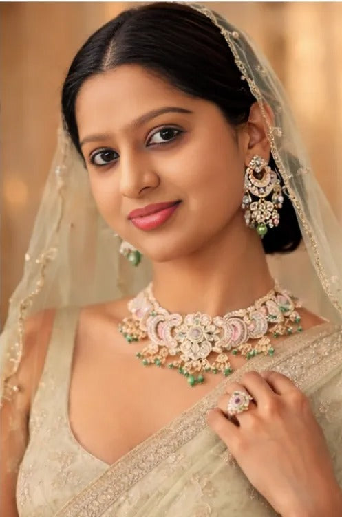 FluteVrinda Pink Green Stones Beads Multistrand Kundan Choker Necklace Earring & Ring Set For Women (B0BVVFH5MJ )