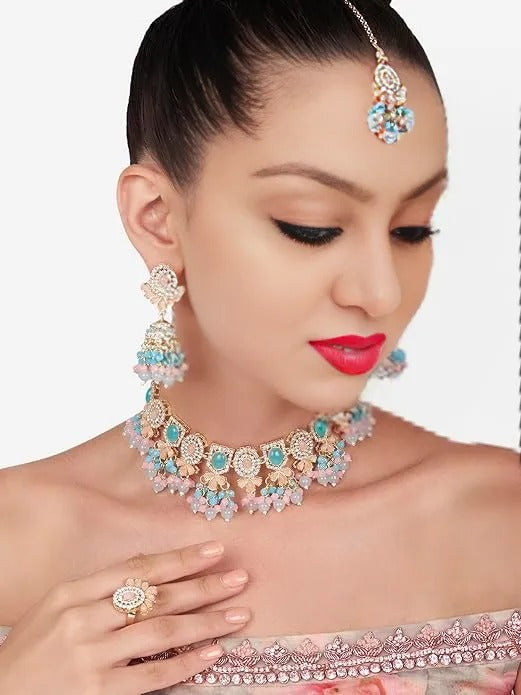 FluteVrinda Turquoise Blue Pink Stones Beads Choker Necklace Earring Maangtikka Ring Set For Women (15- B0C9Q7ZTM4)