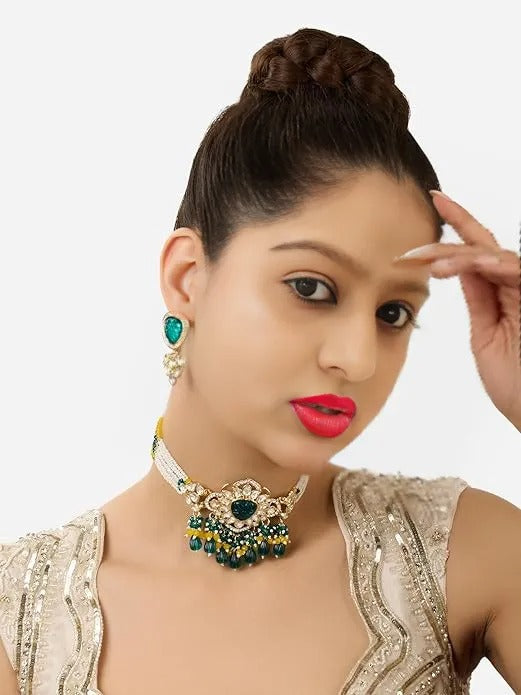 FluteVrinda Green & Yellow Multistrand Beaded Kundan Choker Necklace & Earring Set For Women (24- B0CWNXRX11)