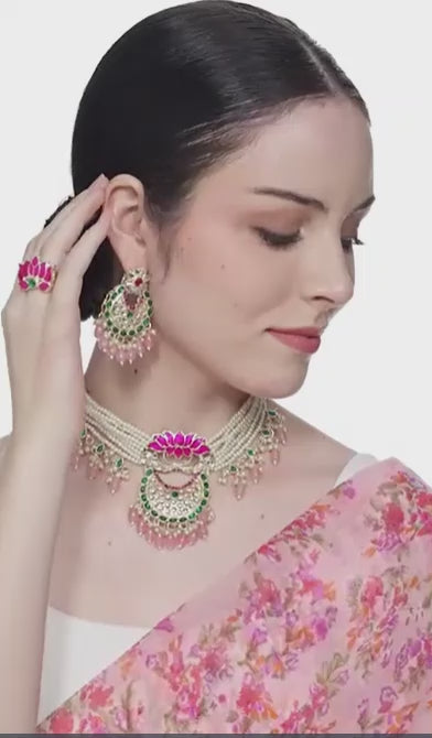 FluteVrinda Green & Pink Meenakari Lotus Multistrand Pearls Choker Necklace Earring & Ring Set For Women (28- B0BFRJRF9V)