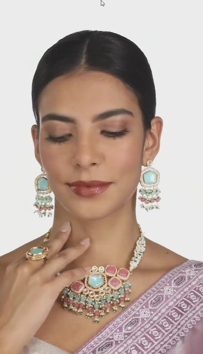 FluteVrinda Turquoise Blue & Pink Kundan Stones & Beads Choker Necklace Earring & Ring Set For Women-B0CKHYSHKV