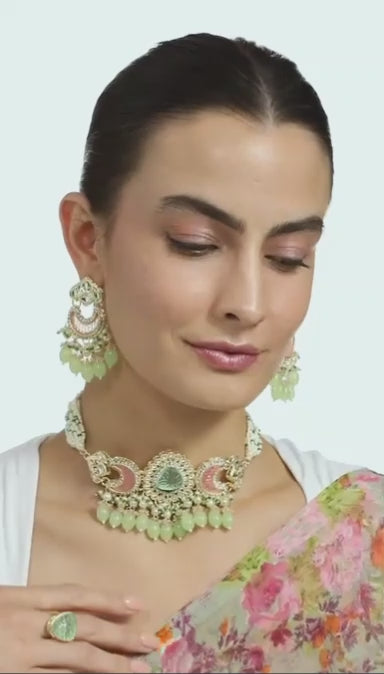 FluteVrinda Green Pink Stones & Beads Multistrand Kundan Choker Necklace Earring & Ring Set For Women (16- B0BVVHBMT3)