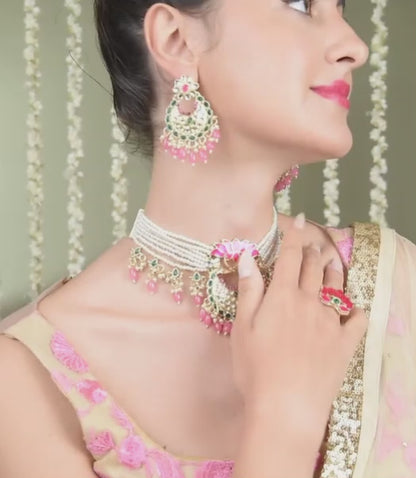 FluteVrinda Green & Pink Meenakari Lotus Multistrand Pearls Choker Necklace Earring & Ring Set For Women (28- B0BFRJRF9V)