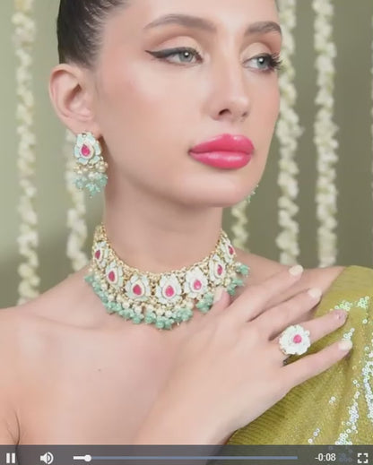 FluteVrinda Pink & Green Lotus Design Meenakari Choker Necklace Earring & Ring Set For Women (30-B0BDG5J6ZH)