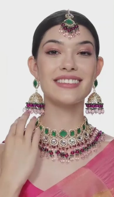 FluteVrinda Pink Green Stones Beads Austrian Diamonds Choker Necklace Earring & Maangtikka Set For Women (29- B0D8T4HT9N)