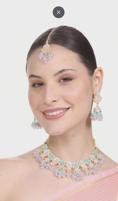 FluteVrinda Turquoise Blue Pink Stones Beads Choker Necklace Earring Maangtikka Ring Set For Women (15- B0C9Q7ZTM4)
