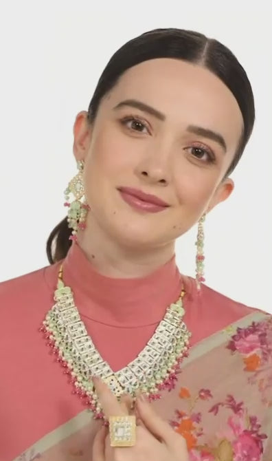 FluteVrinda Green Pink Stones & Cluster Beads Kundan Necklace Earring & Ring Set For Women (19- B0BRNC7WBB)